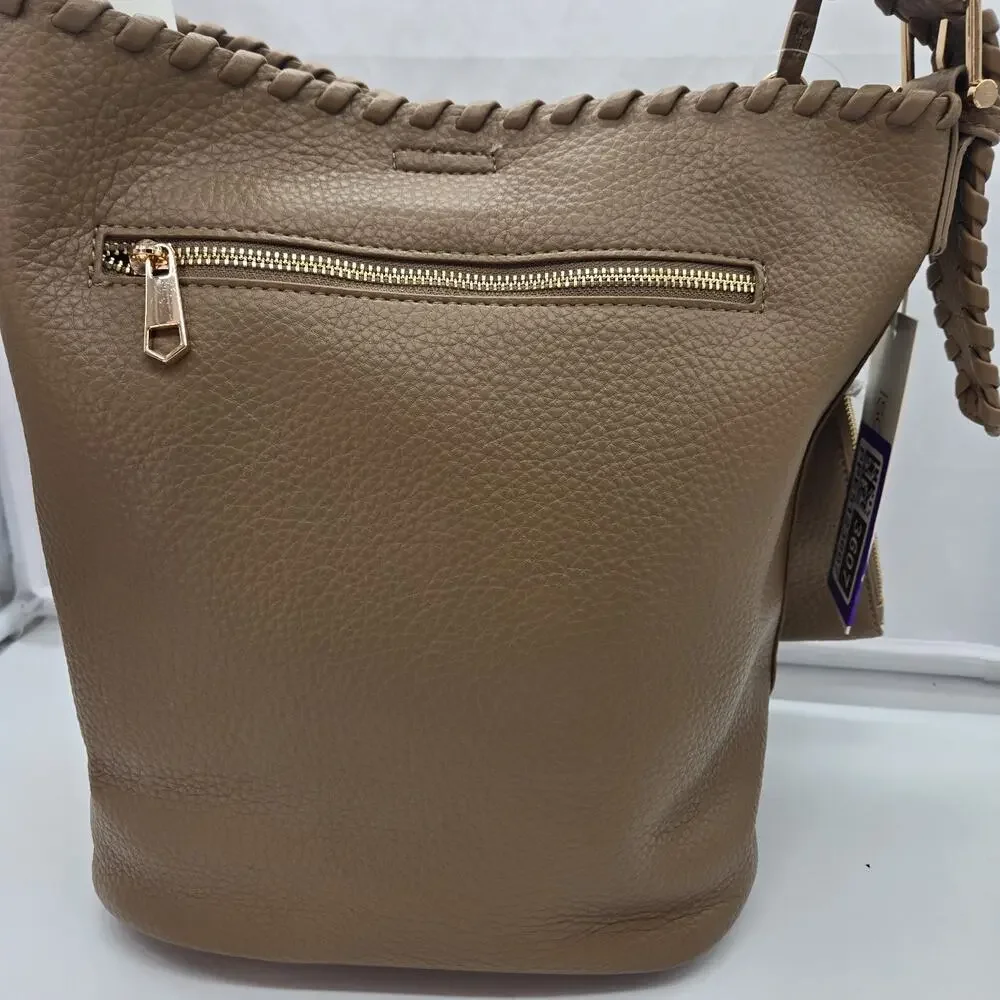 Isabelle Vegan Pebble Leather Brown Hobo Bag Braided Shoulder Strap NWT Wristlet